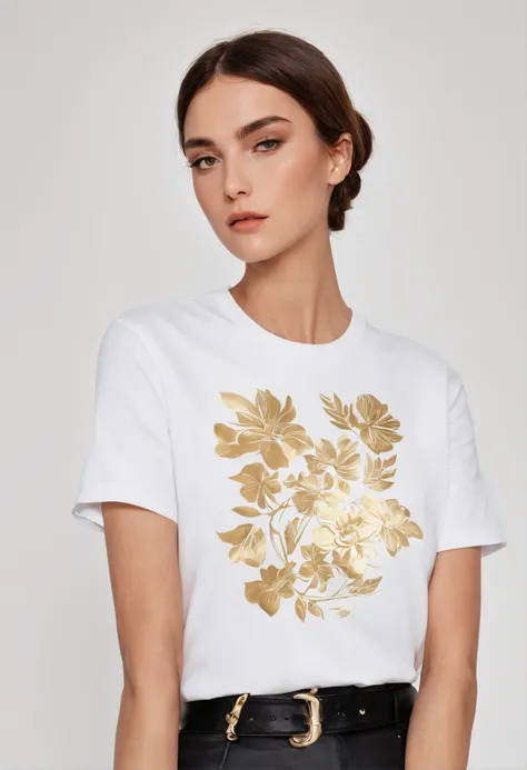 t-shirt with simple minimalistic illustration of flowers, gold and silver colors, matisse style