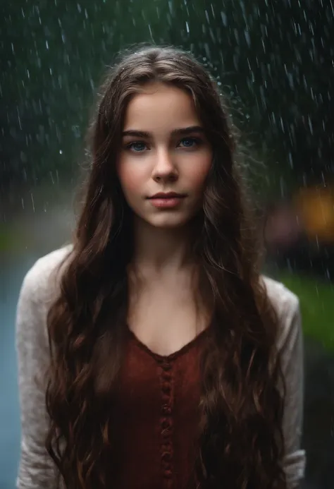 Young teen girl with long brown hair in the rain small bust