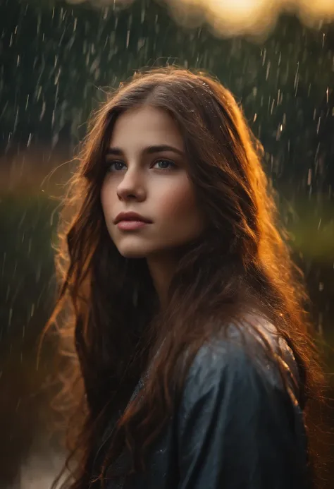 Young teen girl with long brown hair in the rain small bust