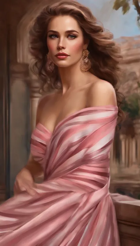 Close-up of a Caucasian woman in a pink striped dress，posed for photo, Women have very beautiful eyes, Wavy brown hair, She wears earrings, Digital art in digital painting, Elegant and elegant, Strapless dress, The art in the style of Guvez, Lored dressing...