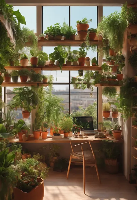 Spacious and bright balcony，desks，drinking tea，lots of plants，Vegetables，Indoor farm，edgBunny