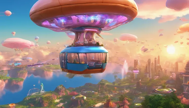 Sky sightseeing bus，A sense of future technology，((heavenly body)),Energy-efficient electric spacecraft flying in the air，Mushroom Island in the sky has flowers and greenery ，((futuritic architecture))，Sky transparent elevator,A lot of flying machines，pipe...