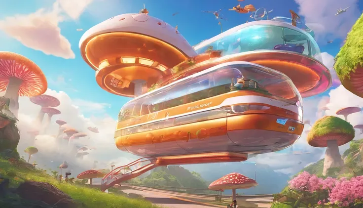 Sky sightseeing bus，A sense of future technology，((heavenly body)),Energy-efficient electric spacecraft flying in the air，Mushroom Island in the sky has flowers and greenery ，((futuritic architecture))，Sky transparent elevator,A lot of flying machines，pipe...