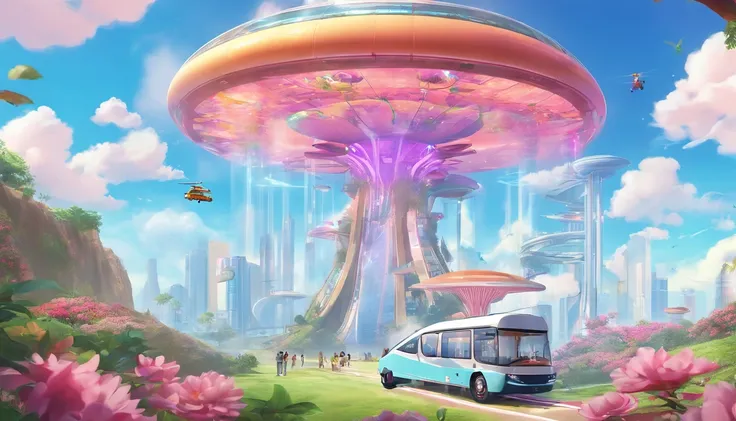 Sky sightseeing bus，A sense of future technology，((heavenly body)),Energy-efficient electric spacecraft flying in the air，Mushroom Island in the sky has flowers and greenery ，((futuritic architecture))，Sky transparent elevator,A lot of flying machines，pipe...