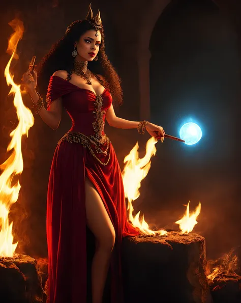 (high quality,photorealistic),rainha do inferno,(vibrant colors:1.1),(fantasy realm:0.9),umbanda,beautiful detailed eyes and lips,(curly hair:1.1),red and black dress,ball woman,fire, hell, glass of champagne,  cigarro, smoke billowing