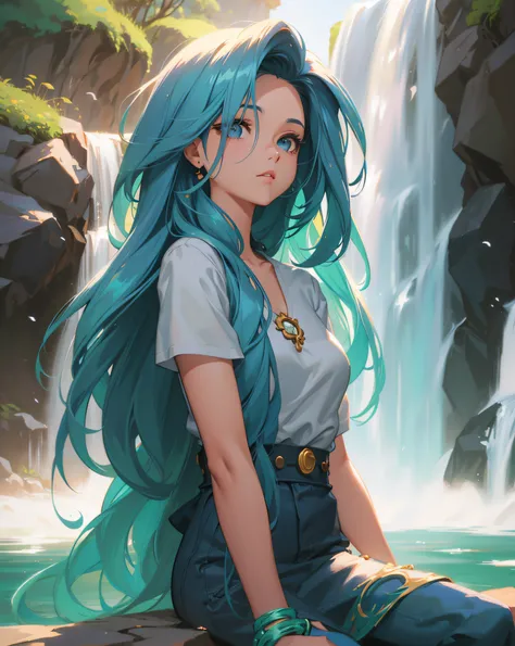 um close up de uma mulher com cabelos azuis sentada em frente a uma cachoeira, Menina anime com cabelo martelo, Menina anime com cabelo longo, menina bonita do cabelo azul, com longos cabelos azul-turquesa, Tran Ross. scenic background, Estilo Ross Tran, m...