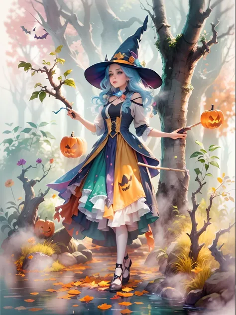 A whimsical Halloween witch, dressed in vibrant and playful attire, standing in a magical forest filled with colorful splashes of enchantment. Cartoon style with a watercolor effect, 2D, and a white background. Perfect for a character design or fantasy-the...