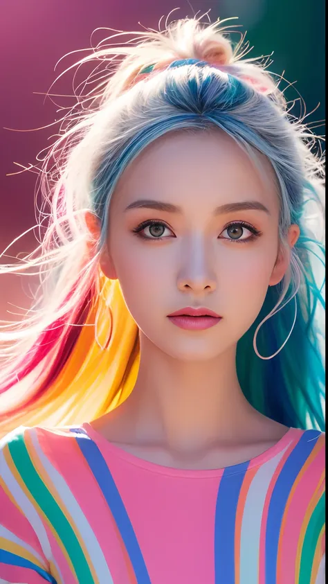 (Pink fashion T-shirt: 1.9), (Colorful hair: 1.8), (Rainbow all colors: 1.8), (((Vertical painting: 1.6))), (Painting: 1.6), Front, manga, illustration, painting, big eyes, crystal clear, (rainbow gradient high ponytail: 1.7), delicate makeup, shut up, (sm...