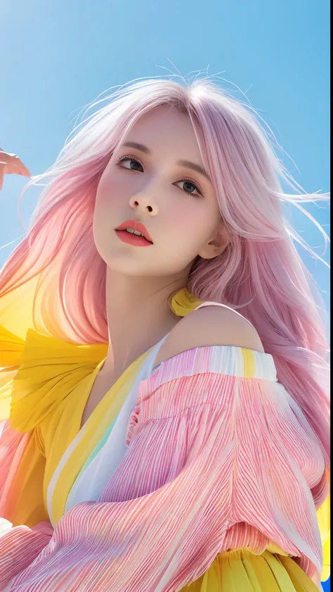 (Pink fashion T-shirt: 1.9), (Colorful hair: 1.8), (Rainbow all colors: 1.8), (((Vertical painting: 1.6))), (Painting: 1.6), Front, manga, illustration, painting, big eyes, crystal clear, (rainbow gradient high ponytail: 1.7), delicate makeup, shut up, (sm...