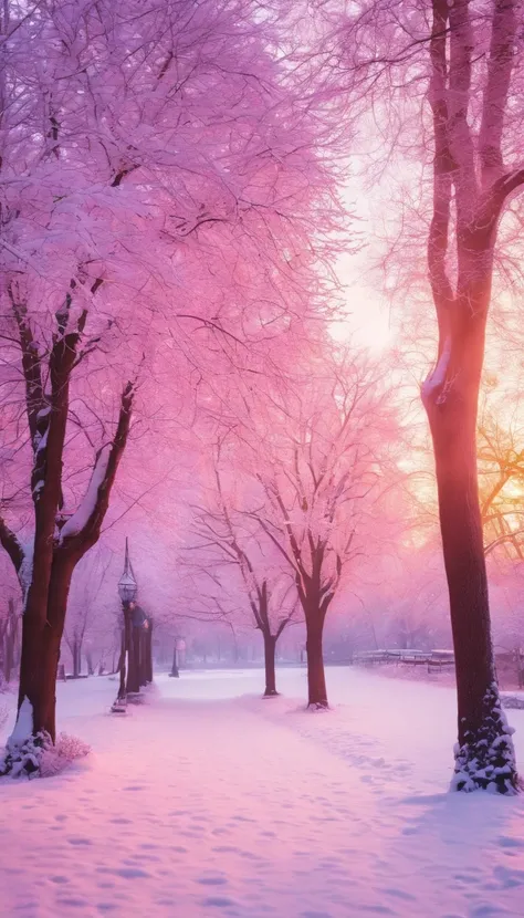 Beautiful natural landscape of city park in winter with fluffy deciduous trees covered with hoarfrost and snow caps at sunset in lilac and pink tones