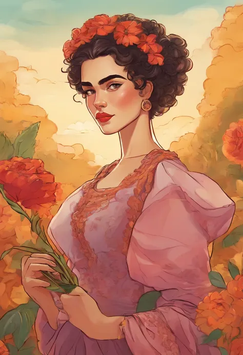 A portrait of a woman with short, curly hair, wearing an elegant dress and holding a bouquet of flowers, in an oil painting style, inspired by the artwork of Frida Kahlo, on Artistation, with a detailed resolution, in a natural setting with warm golden ton...