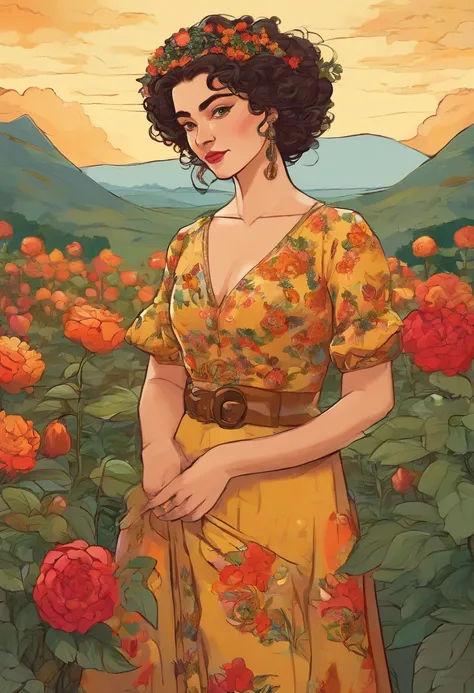 A portrait of a woman with short, curly hair, wearing an elegant dress and holding a bouquet of flowers, in an oil painting style, inspired by the artwork of Frida Kahlo, on Artistation, with a detailed resolution, in a natural setting with warm golden ton...