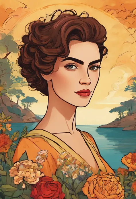 A portrait of a woman with short, curly hair, wearing an elegant dress and holding a bouquet of flowers, in an oil painting style, inspired by the artwork of Frida Kahlo, on Artistation, with a detailed resolution, in a natural setting with warm golden ton...