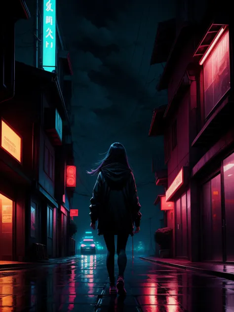 there is a girl walking down a street at night with a rain, by Alena Aenami, inspired by Liam Wong, artwork in the style of guweiz, beautiful and cinematic lighting, anime art wallpaper 4k, anime art wallpaper 4 k, artistic. alena aenami, gloomy cinematic ...