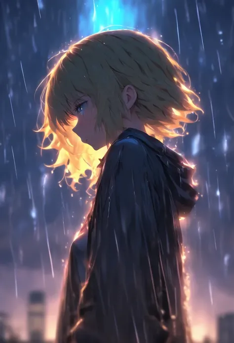 Sad girl,cry,darkness,Rain sky,。.。.。.。.。.。.。.。.。.。.。.3D,Upscale,hard disk,Blonde short,is crying,with his back turned