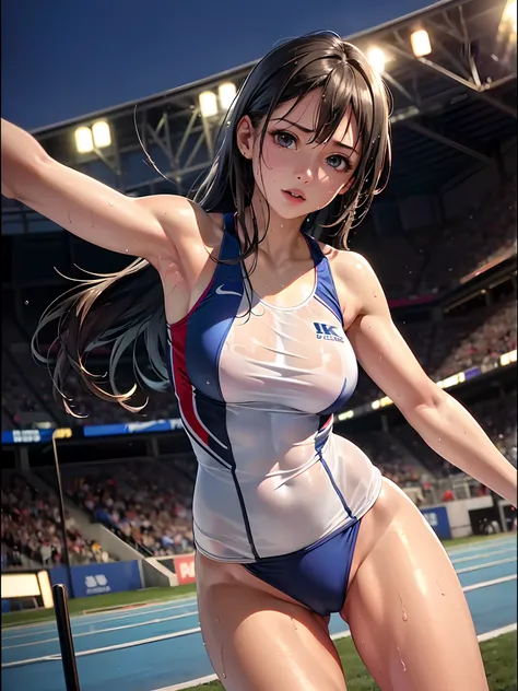 (8K, Raw photo, Best Quality, masutepiece:1.2), (Realistic, Photorealsitic:1.37),1 girl,Beautiful,Powerful, (Solo),A detailed face, Dramatic Angle,
,Track and field uniform ,Sports, Look away,Sporty,Wet skin,Sweat,Large breasts,nice legs,track and field   ...