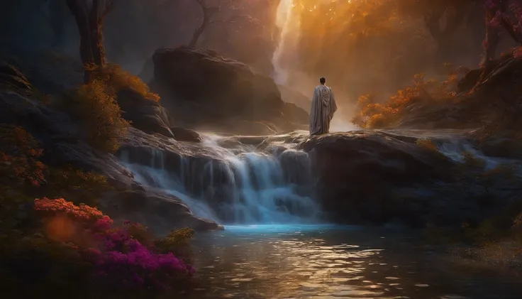 Close up, magical waterfall, stone steps, moonlight, forest, dark and mysterious, A Buddhist monk walking 
Jupiter, splash art, a close up liquid luminous moon Buddha monk made of colors, silver, red, orange, purple, light yellow, grey golden, liquid fire,...