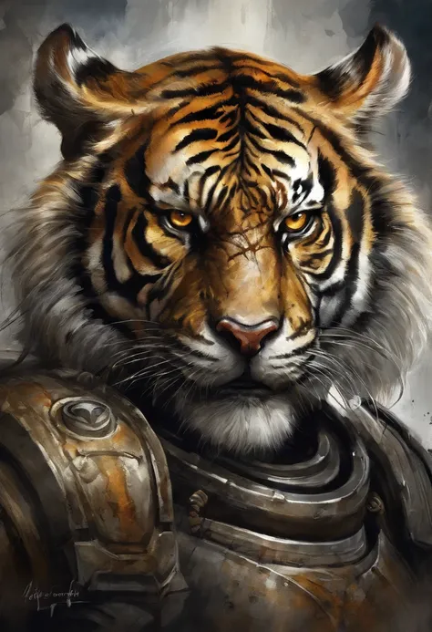 Maximum quality, dramatic lighting, threatening pose, fierce expression, Epic atmosphere, (((Helmet in the shape of a tigers head))), (((Prise de vue du corps entier))),A metal tiger, Cyborg, Style cyberpunk, rouage, ((Intricate details)), Hdr, ((Intricate...