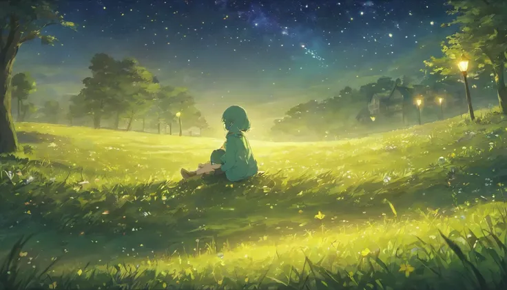 Draw a house with stars and a man sitting on the grass, Well drawn, drawn with photoshop, style of anime, starrysky, Twinkling stars, Scenes, nigh sky, clean anime outlines, long hair girl, Sit Pose, looking at the stars, Look up, glowworm, A man under a t...