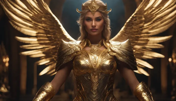 (ultra resolution 8k), (Super Dense Masterpiece), "of Righteous Angels": A hall with majestic wings spread on its back々and presence., casting an ethereal glow. Your heavenly armor, Consists of gold and shiny metal plates, Embraces your body elegantly and p...