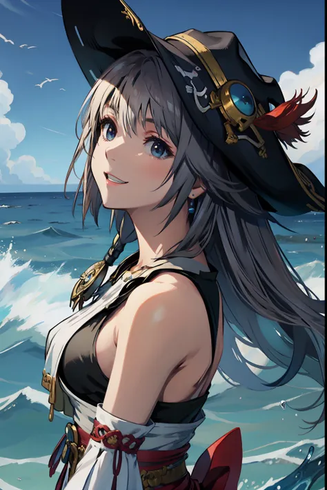 Final Fantasy、Yuna、in the ocean、On ship、Pirate attire、Pirates big hat、glass eyes、smiling