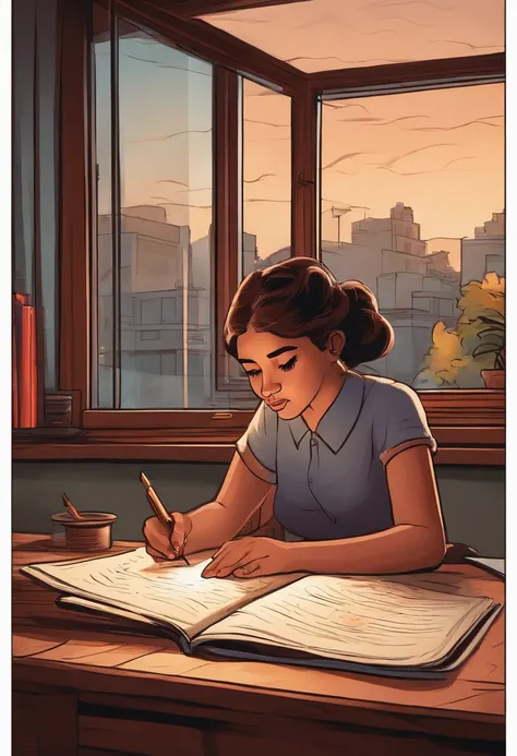 Teacher marking homework in front of the window，nigth，cartoony