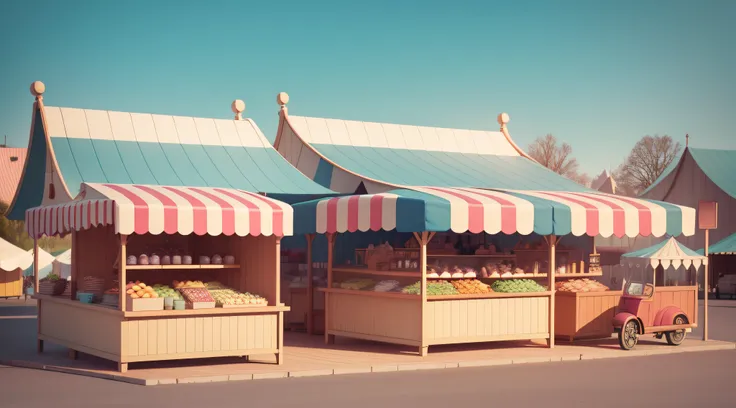 highly detailed 3D render cute vintage outdoor market with fair tents, kids cartoon style, high detailed textures, soft smooth textures, colorful gradient in background.