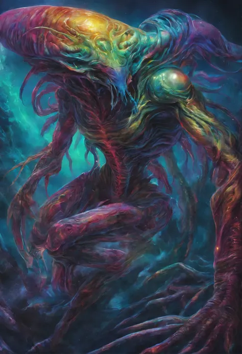 From distant cosmic regions a Monstrous Alien emerges, her white skin glows contrasting with rainbow-hued iridescences. Sinuous tentacles and sharp claws make up his terrifying figure, hipnotizando presas com olhos que emanam cores cambiantes. Balanced pre...