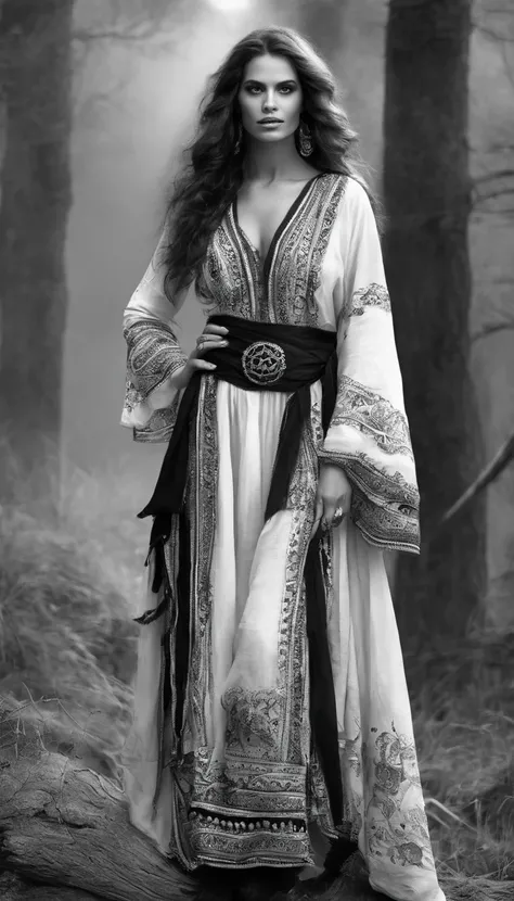 Black and white art A gypsy wears a typical black pirate robe，Beautiful scenery without hats, great depth of field, number art, tmasterpiece, Ultra HD quality". roleplaying, monochromatic