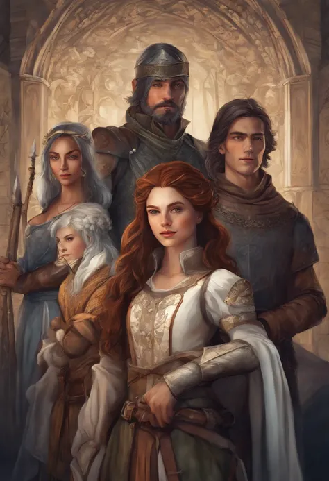 Extremely detailed poster image of four characters, dois homens e duas mulheres;, ((estilo medieval, Classe de personagem RPG)), 8k UHD, Fotografia RAW, pintura digital, ultra detalhado, proportion Aurea