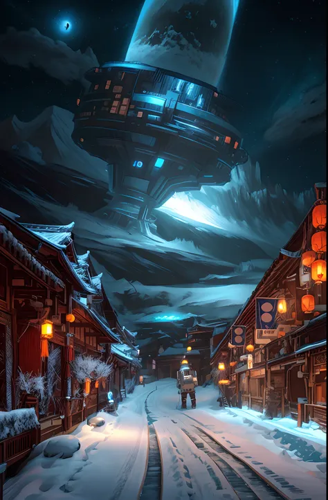 sci-fy，Moon，snow mountains，sense of science and technology，makina，conceptual drawing, cyber punk style,Concept art for the game, Lanterns，The sky is snowing，stray，The astronaut，pandas，Original Drawing，lamplight，Back shadow，snow mountains，Chinese architectu...