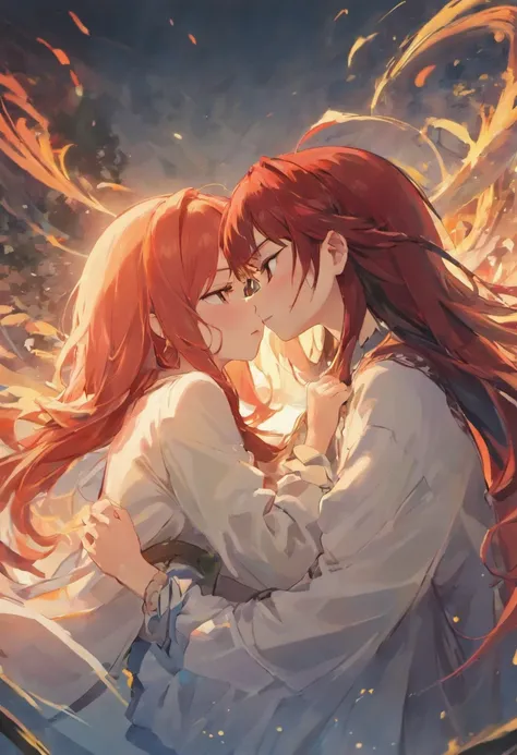 Close-up，Two beautiful girls,Traditional Chinese Ink Painting,hugs，Sleeping position，messy  hair，One red hair and one black hair，Barefoot，rays of sunshine，River side，Intimacy，red colour