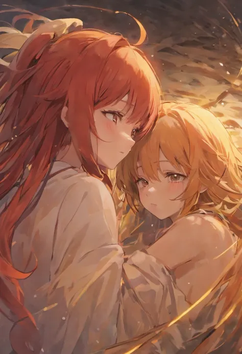 Close-up，Two beautiful girls,Traditional Chinese Ink Painting,hugs，Sleeping position，messy  hair，One red hair and one black hair，Barefoot，rays of sunshine，River side，Intimacy，red colour