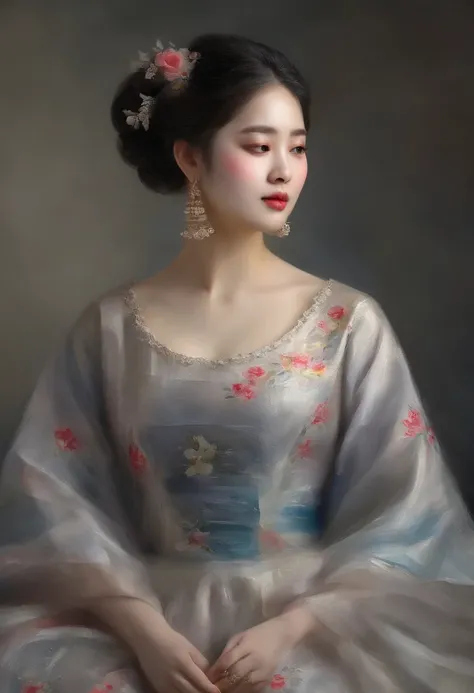 (8K, RAW photo, Best quality, Masterpiece:1.2), (Realistic, photo-realistic:1.37),1girll, Night, Professional lighting, フォトンマッピング, ラジオシティ, korean-doll, Traditional long dress, greybackground