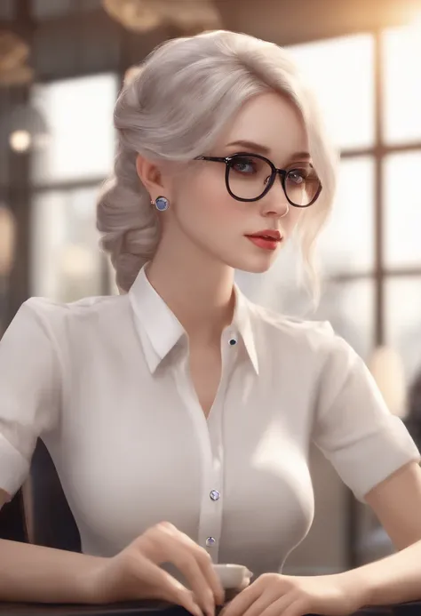 At best....., high-detail, master-piece, ultra-detail, (Realistic:1.2), 1girls, ( Cafe Background),, delicate eyes, silver-haired, purple eyes, Hair ornaments, (Clear Buttons White Tight Office Shirt:1.3),Hair length, light_ear, diadem_braid, expressionles...