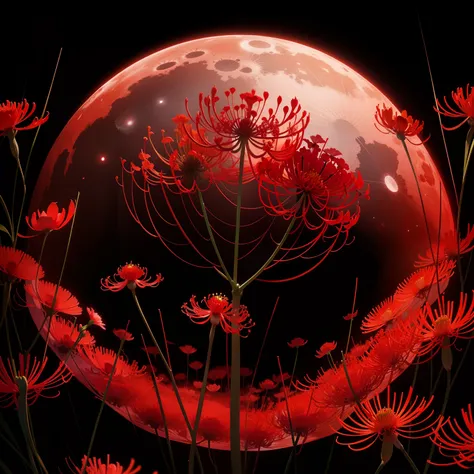 Red flowers, red spider lily, red Lycoris, moon