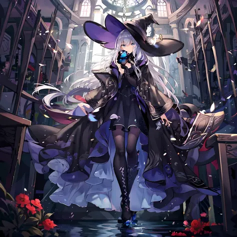 one was wearing a black dress，a woman in a black hat stands in the room, fashionable dark witch, gothic maiden anime girl, dark ...