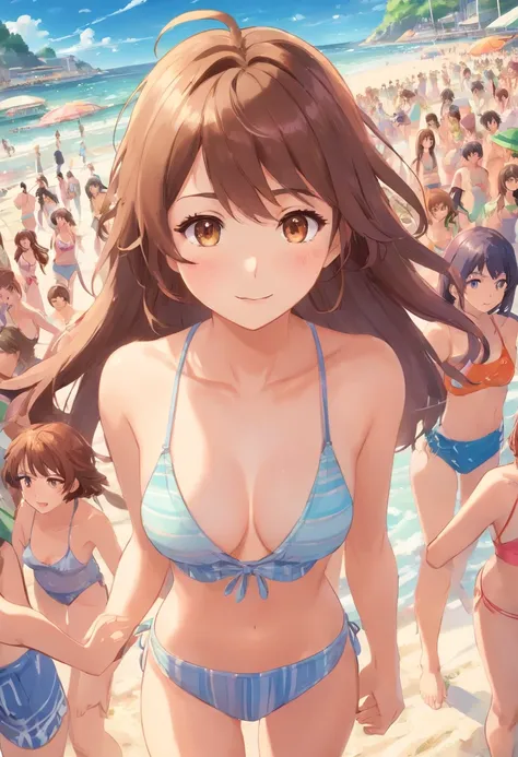 masterpiece, best quality, (thousands of, crowd of), 100girls, crowd shot, brown hair, long hair, curly hair, hazel eyes, caucasian, decent bust, cute, full body, bikini, beach, matching bikinis, matching hairstyles, matching faces, girls close together