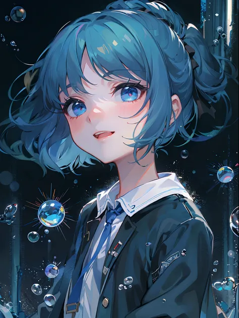 ((top-quality)), ((​masterpiece)), ((ultra-detailliert)), (extremely delicate and beautiful), girl with, 独奏, cold attitude,((Black jacket)),She is very(relax)with  the(Settled down)Looks,A dark-haired, depth of fields,evil smile,Bubble, under the water, Ai...