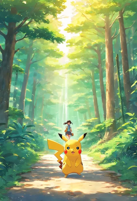 ash pokemon olhando para o pikachu, fundo uma paisagem