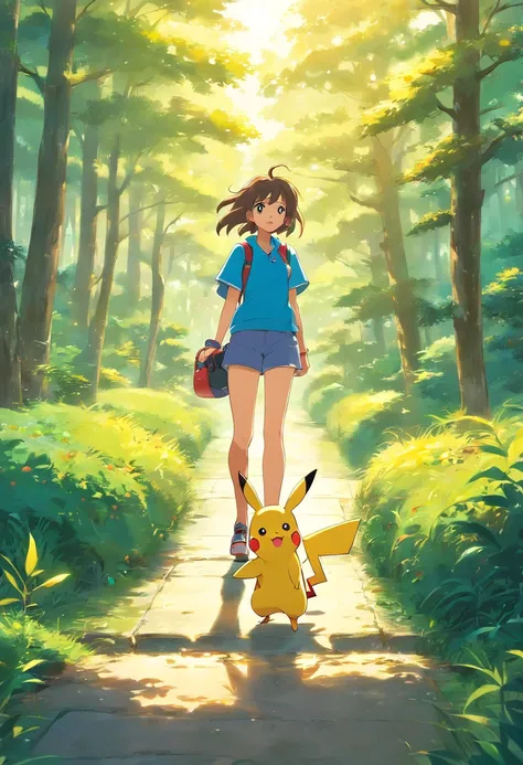 ash pokemon olhando para o pikachu, fundo uma paisagem