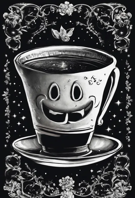 /Imagine Prompt: Illustration of a small cup with a smile for a sticker with a black background, en negrita, bordes dentados, Trashcore, sombreado claro --v 5.2,