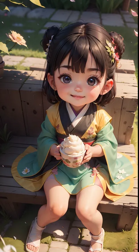 A chubby 3 year old Chinese girl eating ice cream，Movie Angle,( cute female child,Anatomically correct,full bodyesbian,Representative works Hanfu,Smile),(illustration,a 3D render),(Extremely colorful, Best quality, high detal, Masterpiece, Cinematic lighti...