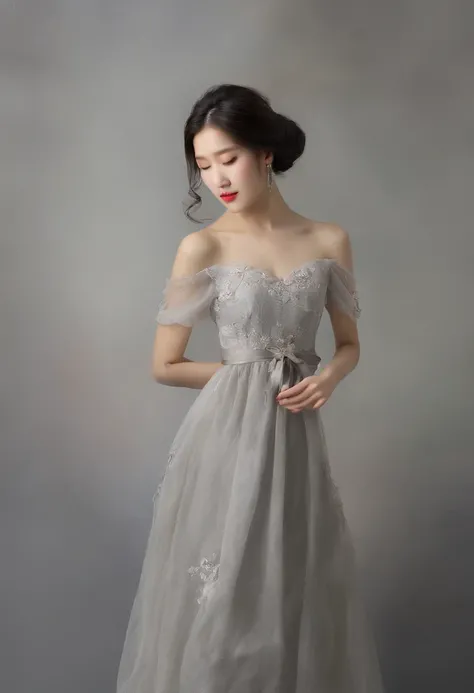 (8K, RAW photo, Best quality, Masterpiece:1.2), (Realistic, photo-realistic:1.37),1girll, Night, Professional lighting, フォトンマッピング, ラジオシティ, korean-doll, Traditional long dress, greybackground