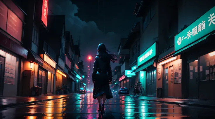 there is a girl walking down a street at night with a rain, by Alena Aenami, inspired by Liam Wong, artwork in the style of guweiz, beautiful and cinematic lighting, anime art wallpaper 4k, anime art wallpaper 4 k, artistic. alena aenami, gloomy cinematic ...