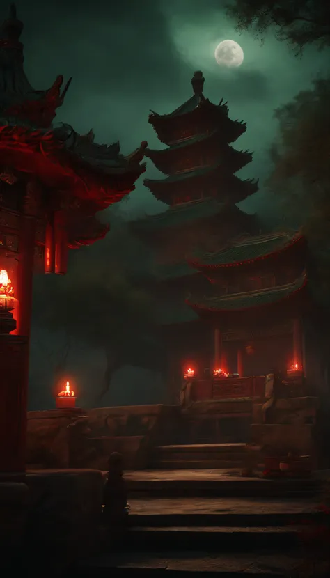 ((Modern horror art, 4K picture quality, Chinese style, masterpiece + ultra-detailed: 1.2, best quality), combined with the lost pagoda and the scenery of Chinese hell, set off the scene of ghosts and Taoists performing blood sacrifices at the table, dark ...