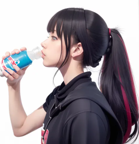 Woman with ponytail drinking from bottle, anime girls drink Energy drink, seifuku, Very thirsty, water, Student, peacefully drinking river water, Hydrated, waist reaching ponytail, Holding a canned Coke, Girl drinking water, full body potrait holding bottl...