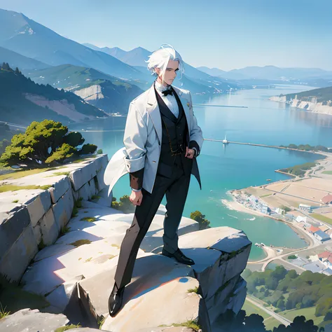 A very handsome man with white hair standing in a top of cliff, mountain view at shore