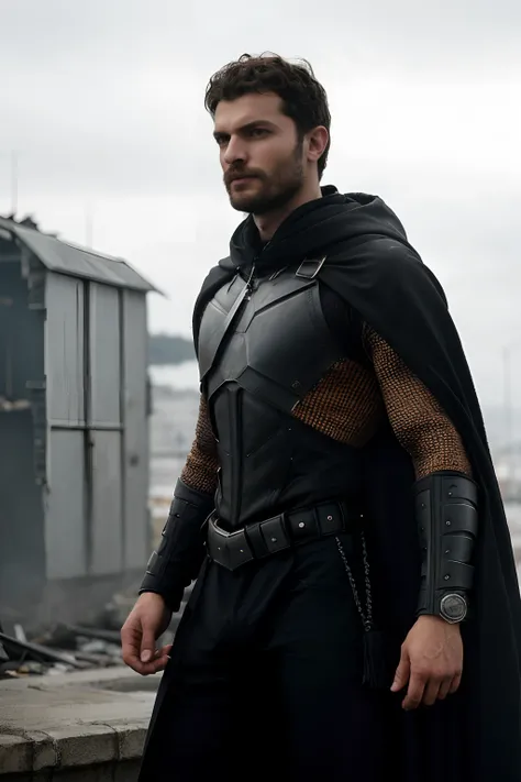 create a hero), wearing black armor of the captain homeland of the series Theboys, strong and muscular, long black cape, Jamie Dornan, strong and muscular, (brunette with model face), wearing dark beard, dark short hair, man similar to actor jamie dornan, ...