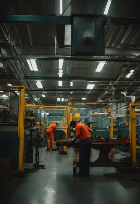 Assembly line factory，Machinary，A worker holds a large hair mirror to check the quality of parts